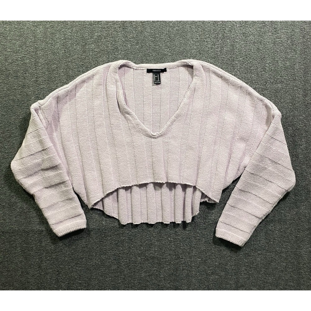 Forever 21 Women Purple Ribbed Knit Cropped V-Neck Pullover Sweater Size M